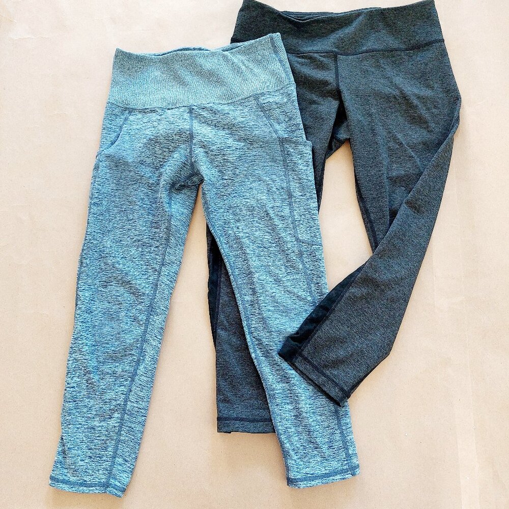 Two Grey Blue Mesh Mid Calf Length Legging Yoga Pants Bundle Set XS Women